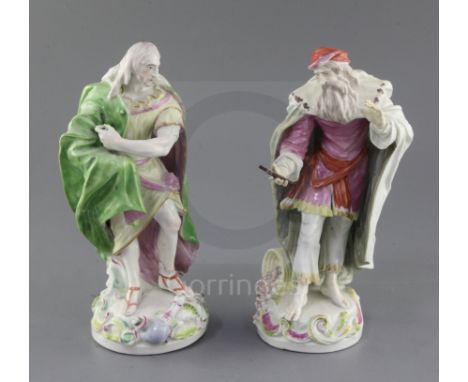 A matched pair of Derby figures of St. Philip and probably St James the Great, c.1758-60, each wearing a cloak, St. Philip ho