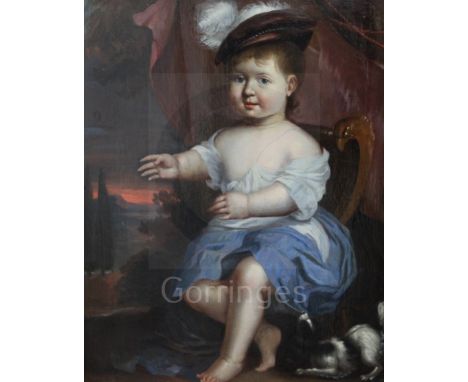 Jan Mytens (1614-1670)oil on wooden panelPortrait of a young boy seated with a small dog17.5 x 14in.