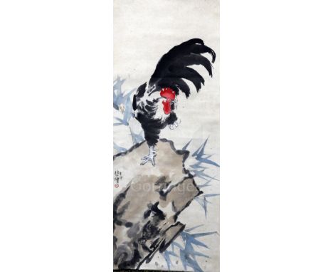 A Chinese scroll picture, manner of Xu Beihon, depicting a cockerel perched on a rock, the image 96 x 37cm excl. borders