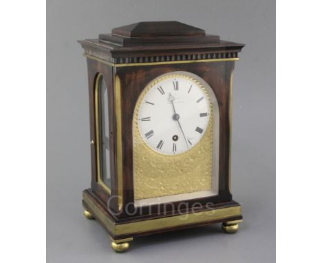 A Regency miniature mantel timepiece, Barraud, London, circa 1825, the four-pillar fusee movement with anchor escapement, adj