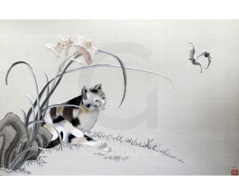 A Chinese embroidered silk picture of a cat, Republic period, the cat below a lily, seal mark, 55 x 77cm