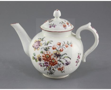 A rare Derby globular teapot and cover, c.1758, painted in 'Cotton-stem painter' style with a loose bouquet of flowers, the r