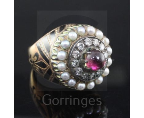 A 19th century French? gold and silver, cabochon garnet, split pearl diamond and black enamel circular dress ring, in a raise