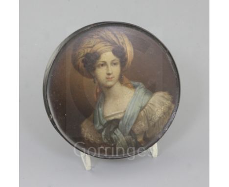 A Stobwasser papier mache table snuff box, c.1800, painted with a portrait of 'Frances' in Turkish costume, the base marked ‘