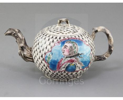 A Staffordshire saltglaze stoneware 'Frederick of Prussia' commemorative teapot and cover, c.1760, enamelled with the portrai