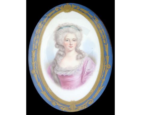 A pair of Sevres style porcelain portrait plaques, late 19th century, each of oval form, painted with the portrait of an 18th