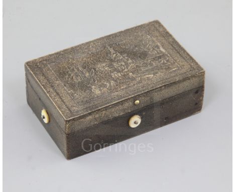 A 19th century bois durci musical box, playing Scottish themed tunes and decorated to the lid with a scene after Vernet, 4.25