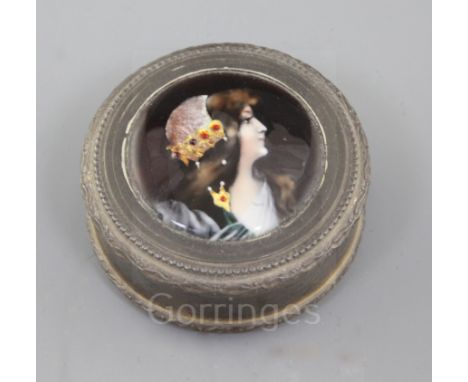 A late 19th/early 20th century French silver and Limoges enamel circular snuff box and cover, the cover enamelled with the bu