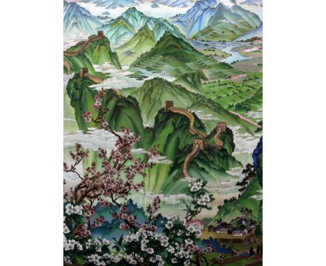 A large Chinese cloisonne enamel panel, late 20th century, depicting a landscape including The Great Wall of China and a comm