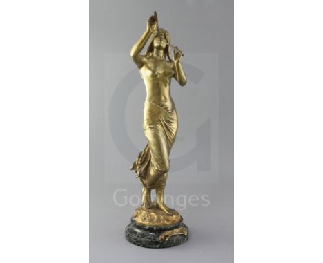 Edouard Drouot (1859-1935). A French ormolu figure of a pipe girl, 'La Muse des Bois', on green marble socle, 20in.