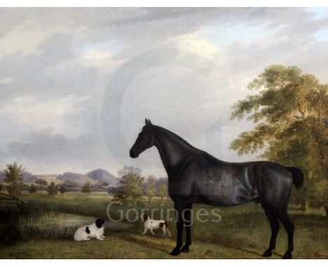 H.C. Smith (19th C.)oil on canvasPortrait of a black horse and two dogs in a landscapesigned and titled 'Brosley' and dated 1