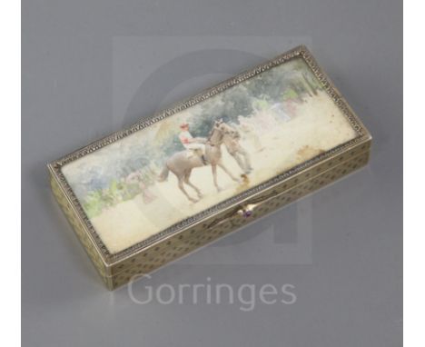 A French engine-turned silver-gilt rectangular box inset a racing scene watercolour, inscribed from Queen Alexandra to Julia 