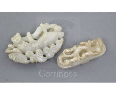 Two Chinese pale celadon jade carvings, Qing dynasty, the first of a flying female deity amid clouds, the stone with some rus