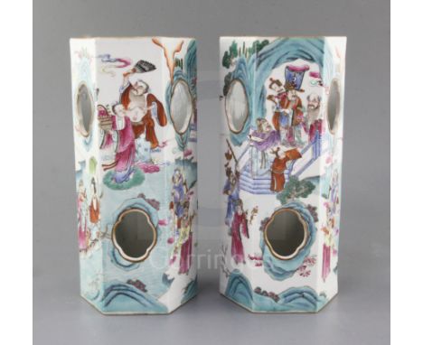 A pair of Chinese famille rose hexagonal hat stands, Xianfeng six character seal marks and of the period (1851-61), each pain