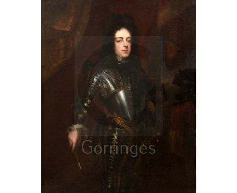 Follower of Caspar Netscher (1639-1684)oil on canvasPortrait of a Nobleman, standing small three-quarter length, in armour, w