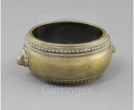 A Chinese bronze gui censer, Xuande seal mark but 18th century, with studded borders and animal mask handles, w. 13.5cm