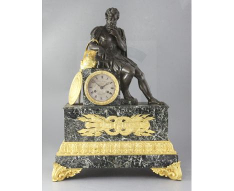 A mid 19th century gilt and patinated bronze mounted antico verdi marble mantel clock, Naudin &amp; Bazelaire, surmounted by 