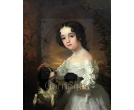 After Sir William Beechey (1753-1839)oil on canvasPortrait of a girl in a white gown holding two puppies30 x 25in.