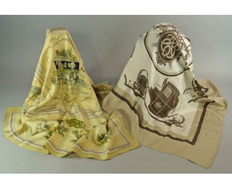 Hermes: A silk scarf by Hermes, Paris, carriage design in brown cream and taupe colourway, together with a Hermes silk scarf,