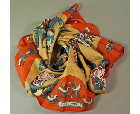 Hermes Paris: A rare silk scarf, Rhytons, designed by Karin Swildens in 1975, in amber and caramel colourway. A few small sta