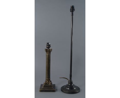 A cast metal table lamp, 20th century, with Corinthian column capital and base, in square base, 33cm high, together with anot