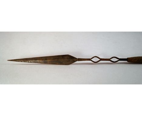 Two patinated metal and hardwood tribal spears, mid/late 20th century, the longest 92.5cm(2) Rusting to metalwork, light wear