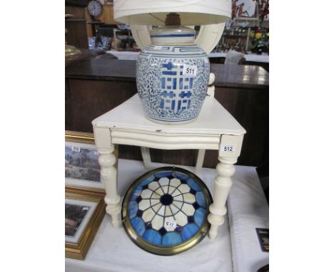 A Chinese blue and white ginger jar with lamp fitting and a Tiffany style ceiling light