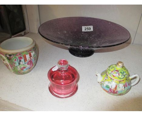 An art glass bowl, cranberry glass lidded pot, small oriental teapot and a bowl