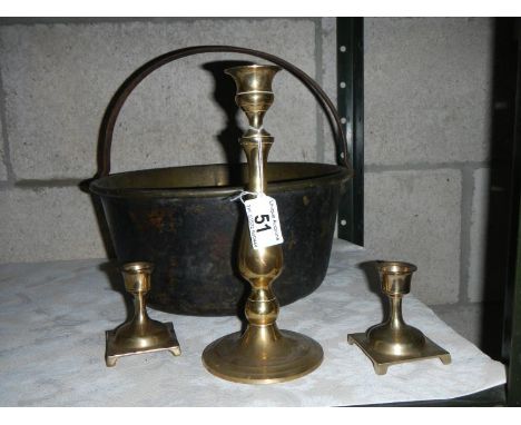 A jam pan, pair of small brass candlesticks and a single brass candlestick