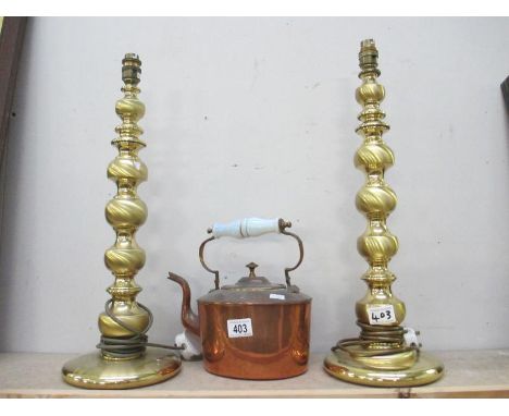2 candlestick style lamps and a copper kettle with china handle
