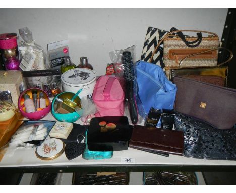 A shelf of ladies bags, manicure sets, toiletries etc.