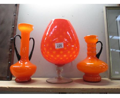 3 pieces of retro orange art glass vases