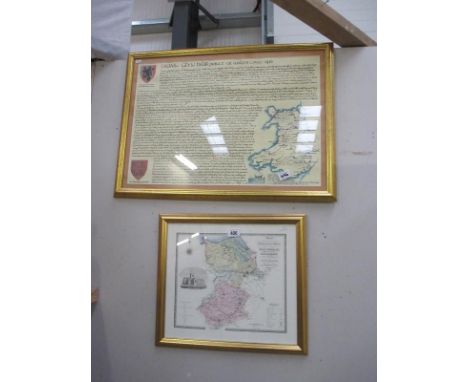 A framed and glazed Owain Glyn Dwr history and heraldry print and a Flintshire and Montgomery map