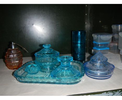 A quantity of coloured glass including an art deco perfume bottle