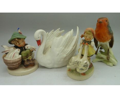 Two Goebel figures, a/f, a Goebel robin, a/f, and a Goebel model of a swan