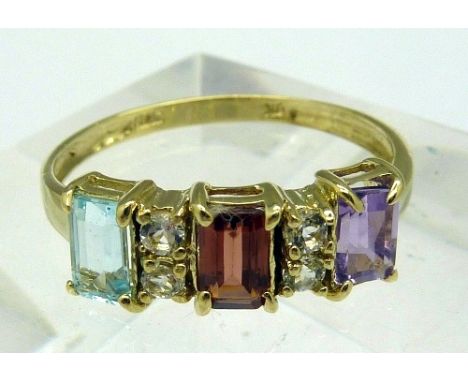 A 9ct gold, blue stone, garnet and amethyst ring, weight 1.4g, size O