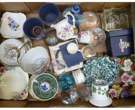 Decorative china including Wedgwood, Royal Crown Derby, Worcester, an Isle of Wight glass paperweight and other glass paperwe