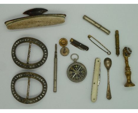 Two Georgian buckles, a seal, compass, etc.