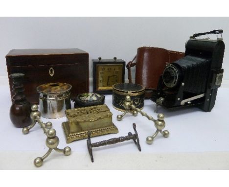 A Georgian caddy, lacking liner, a folding Kodak camera, clock, knife rests, brass stamp box, etc.