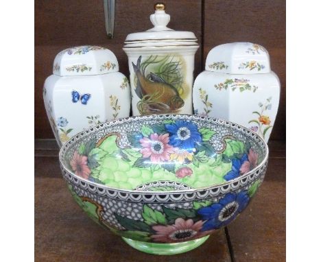 Two Aynsley lidded vases, a Crown Devon lidded jar decorated with British fish and a Maling green peony lustre bowl