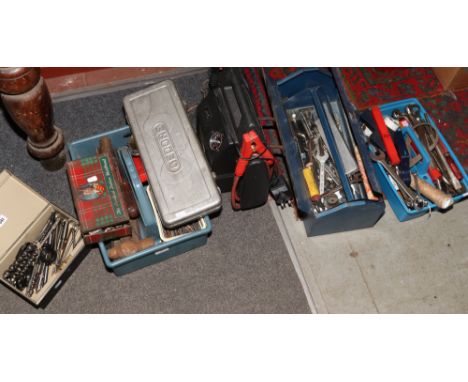 A good quantity of used tools; socket set, drill bits, spanners, hammers, punches etc along with a Clark jump starter with bu