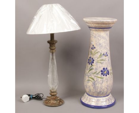 A glass / metal table lamp to include a large ceramic vase. 