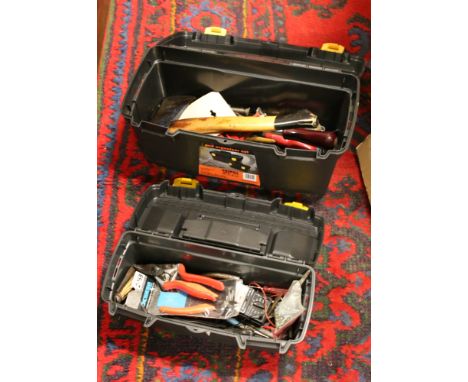 Two tool boxes and contents of hand tools to include Stanley Yankee screwdriver, saws, pliers etc. 