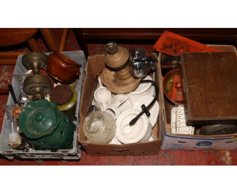 Three boxes of miscellaneous to include ceramic storage jars, dinnerwares, wooden jewellery boxes etc. 