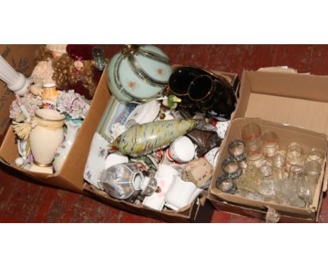 Three boxes of miscellaneous to include ceramics, glasswares, small table lamp, figurines etc. 