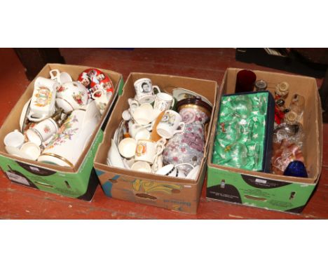 Three boxes of ceramics and glass to include carnival glass figurines, commemorative Danbury Mint, Royal Albert Old Country R
