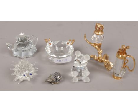 A collection of Swarovski crystal figures, Hedgehog teddy bear, teapot, bird bath etc. 