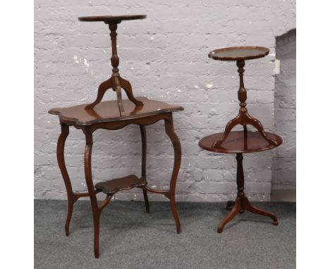 An Edwardian mahogany window table, along with two tripod wine tables and a modern tilt top occasional table. 