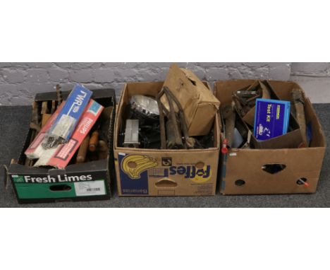 Three boxes of mechanical tools, axes, chisels, hand saws, welding rods etc. 