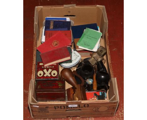 A box of collectables to include vintage tins, pen knives, masonic interest etc. 